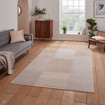 Apollo 2681 Modern Geometric Striped Linear Blocks Distressed Metallic Shimmer High-Density Textured Low Profile Short-Pile Beige/Grey/Bronze/Terra/Brown/Cream Rug-Think Rugs-Rug Love - The Most Loved Rug Store